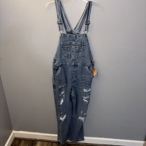 Hybrid‎ & Company Women's XL Overalls Distressed Denim Carpenter Bib Light-wash